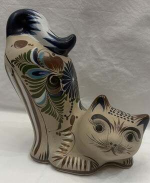 Tonala Mexican Pottery Stretching Cat Figurine Signed Tostado 8.5 x 7” Folk Art